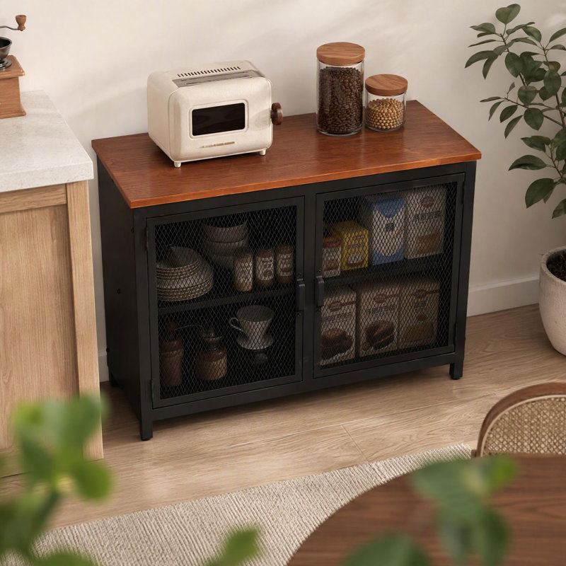 Industrial Metal & Wood Storage Cabinet With Mesh Doors, 39.4" Wide Fixed Shelf Sideboard Buffet For Living Room Kitchen Dining Room