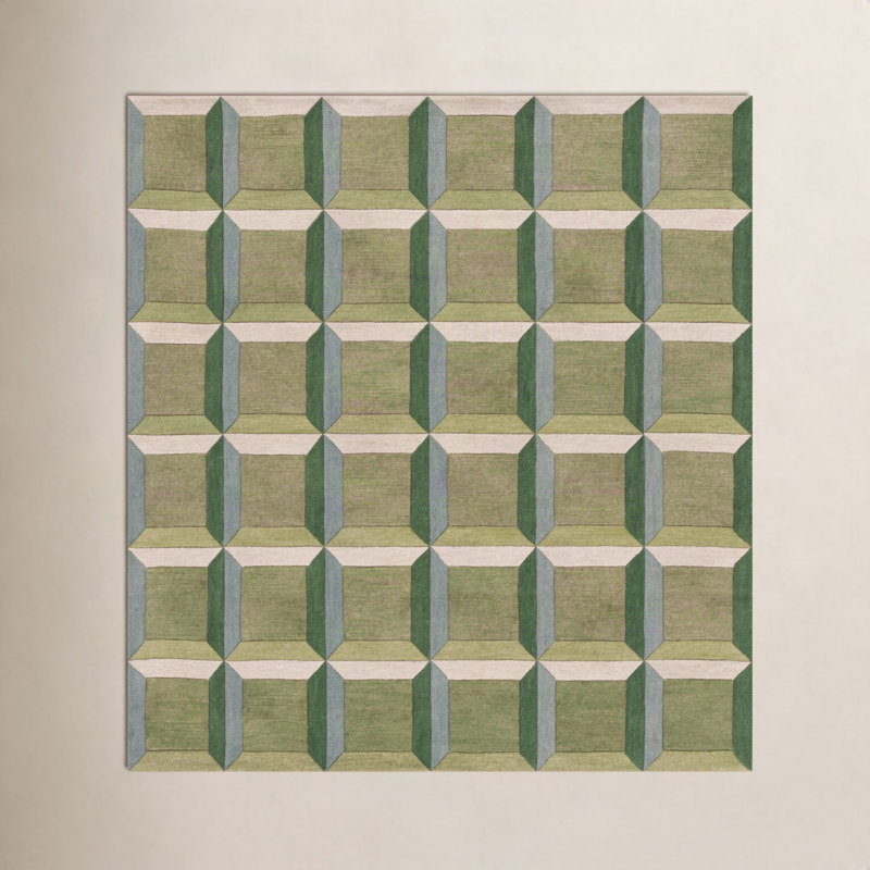 Tapis vert / beige en coton / laine touffeté à la main Giedre, Carré 6 pi