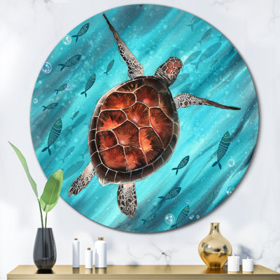 Tortue de mer colorée nageant I - art mural nautique et côtier en cercle métallique