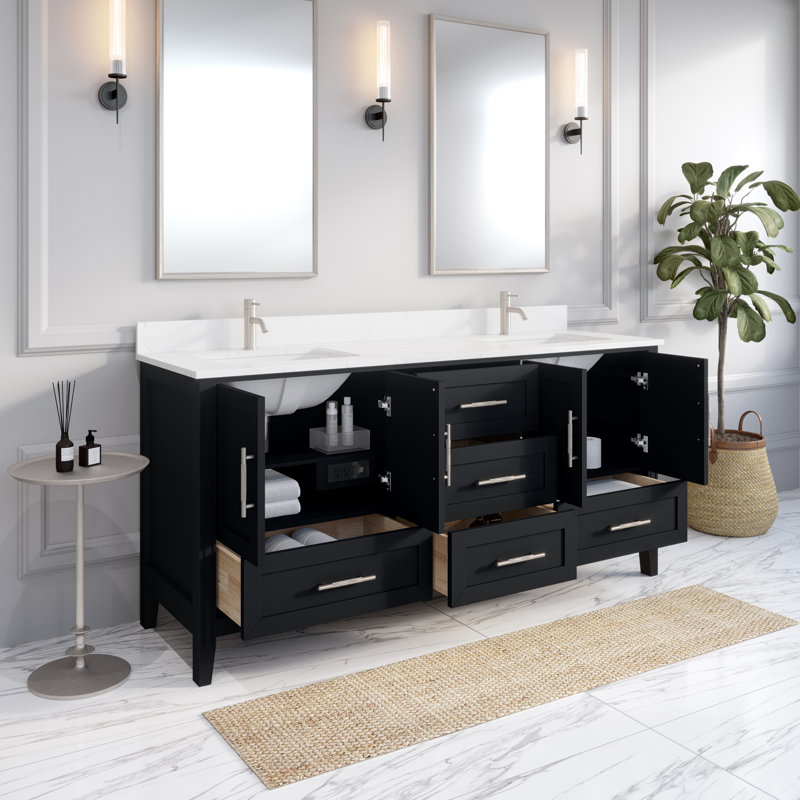 Anand 72'' Double Bathroom Vanity with Quartz Top, Espresso
