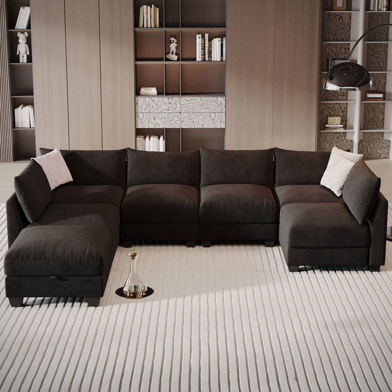 Amold 124'' 6-Seater Sectional Sofa, U-shaped Modular Sofa Cloud Couch, Comfortable Living Room Sofa With Ottoman Storage
