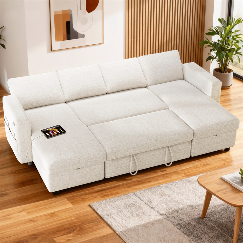 105" Pull Out Sofa Bed Sectional Sleeper Sofa With Storage,Pullout Modular Sectional Couches For Living Room, U Shaped Convertible Couch Bed For Apartment