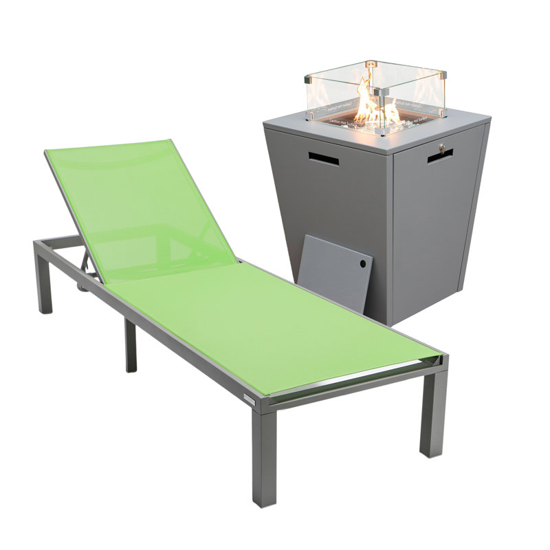 Outdoor Rust-Resistant Metal Chaise Lounge Set with Table, Green, Gray