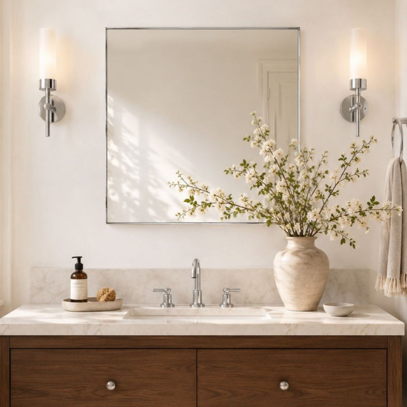 Miroir de salle de bain carré Lilian, miroir mural carré en nickel poli, 40 x 40 pouces, miroir carré en nickel poli pour salle de bain