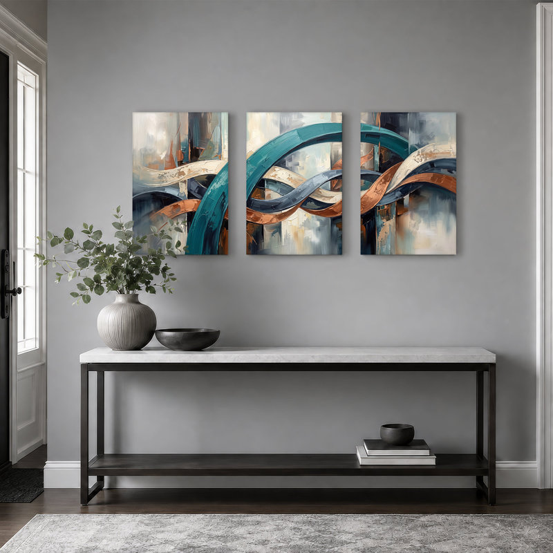 Ensemble de 3 toiles abstraites bleu sarcelle et cuivre, H 24 po x l 16 po x 3 pièces