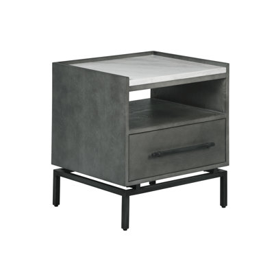 Tommy Hilfiger Ascher Modern Living Room End Table with 1 Drawer, Matte Black Metal Legs, Gray Wood Finish