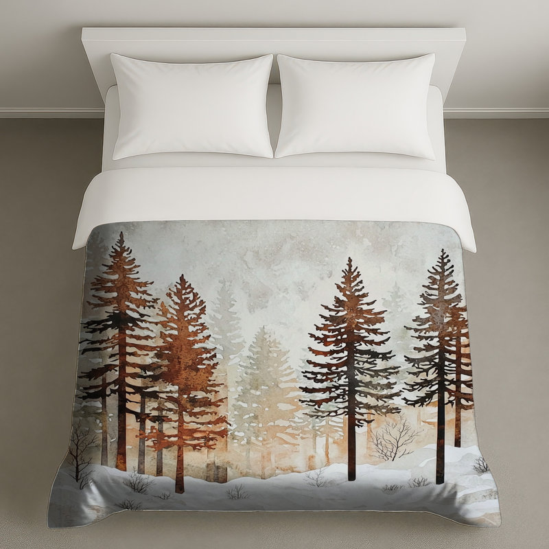 Snowy Pine Forest Scene Duvet Covers, Queen
