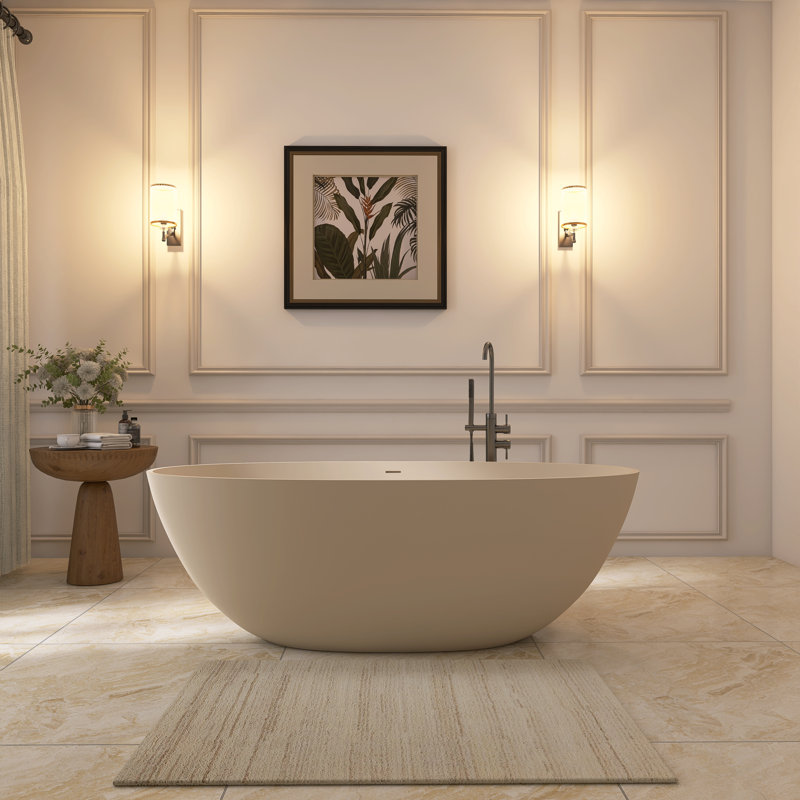 65'' x 33'' Solid Surface Freestanding Tub Deep Soaking Bathtub Double Slipper