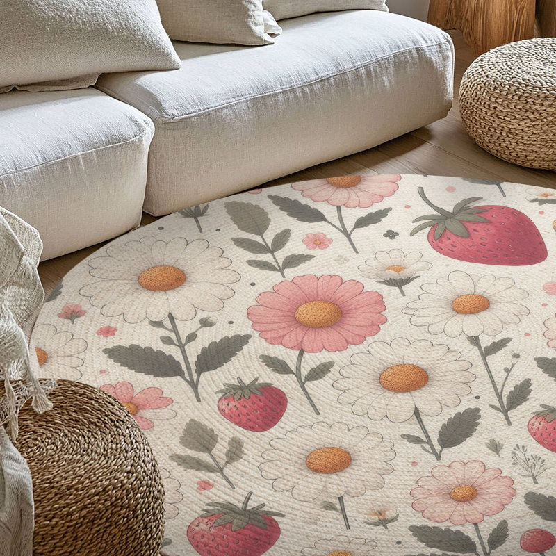 Tapis tressé Strawberry Flower Fields, Rond 5 pi