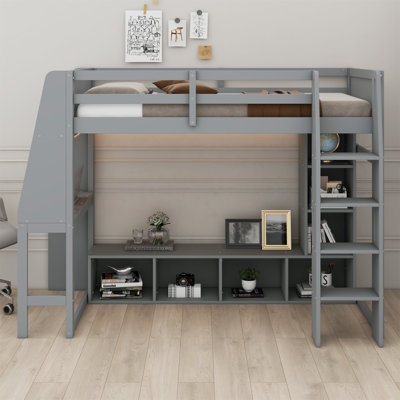 Wood Gaming Loft Bed With Desk, Multi-Storage Shelves, LED And A Hanging Clothes Rack