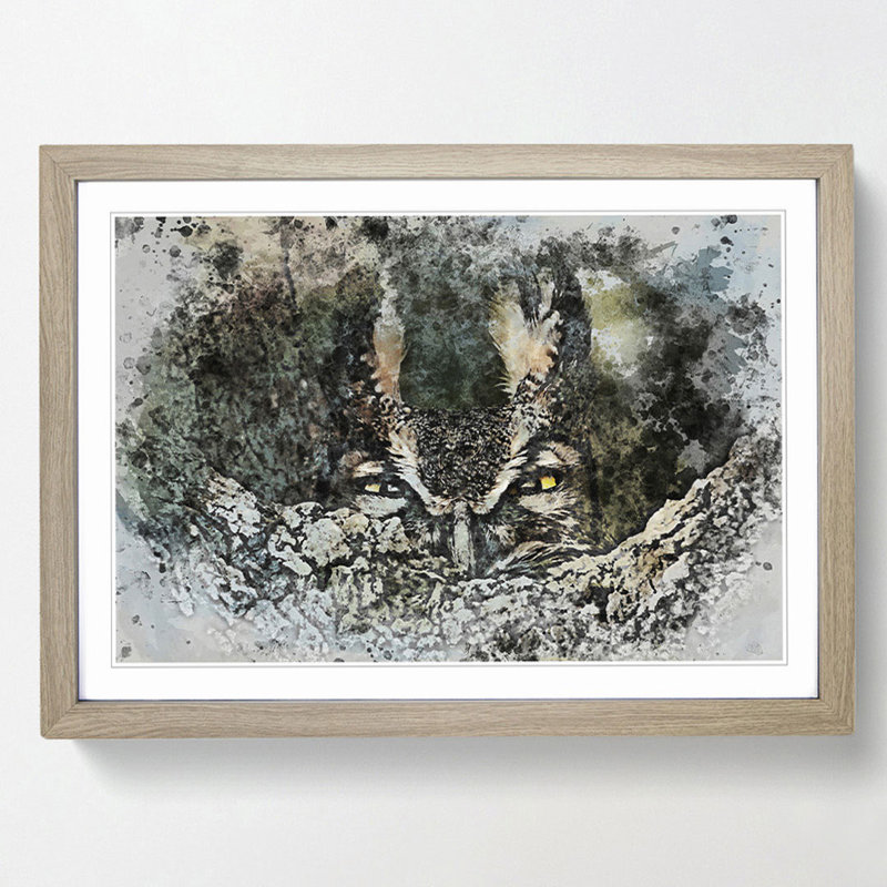 Long-Eared Owl in Abstract - Picture Frame Painting Print, Oak Framed, 36cm H x 48cm W x 2cm D