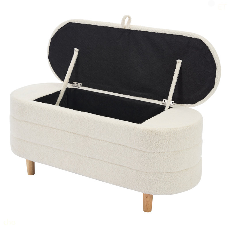 Repose-pieds élégant avec rangement en tissu Sherpa rembourré avec pieds en bois, banc de rangement pour chambre à coucher, salon, blanc