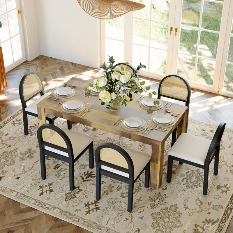 Ensemble de table de salle à manger avec table rectangulaire et chaises rembourrées, 7 pièces : table, 6 chaises, Noir