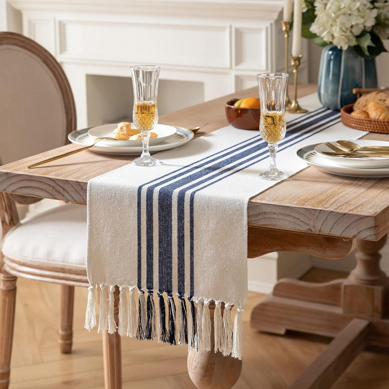 Molique Runner Striped Cotton Table Runner, Beige/Navy, 60" x 13"