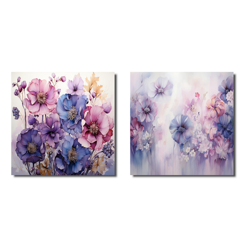Mauve fleurs mystiques - ensemble de 2 collages carrés botaniques abstraits, Toile tendue, H 36 po x l 73 po