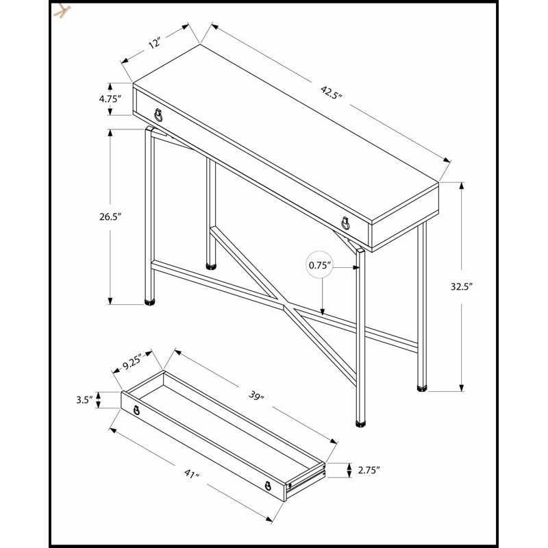 Table d'appoint étroite avec tiroir de rangement, plateau en stratifié beige et base en métal noir durable pour le vestibule ou le salon