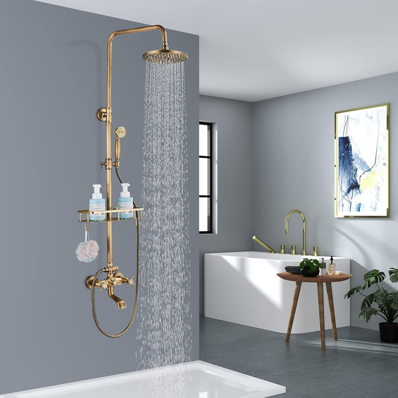 Ensemble de robinet de douche pour salle de bain en laiton antique avec pomme de douche à pluie à effet de pluie avec poignée de douche à cascade et bec de baignoire mural avec tablette de douche
