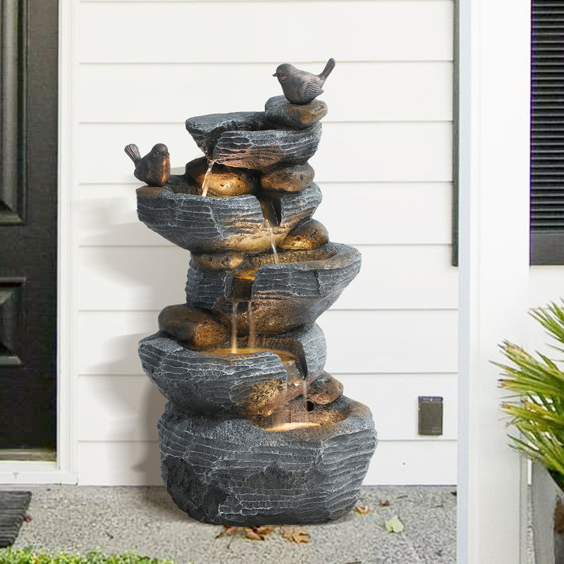 5-Tier Cascading Rock Water Fountain Outdoor Garden Waterfall with Lights, Fountain Indoor Decor