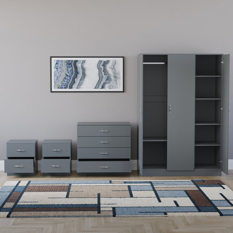 Tayce 4 Piece Bedroom Set (2 Drawer Bedside Chest X2, 4 Drawer Chest, 3 Door Wardrobe), Grey