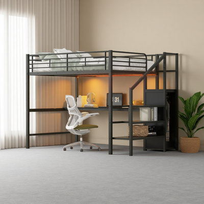 Lit mezzanine double en métal avec bureau, escalier de rangement, petite armoire et lumière DEL