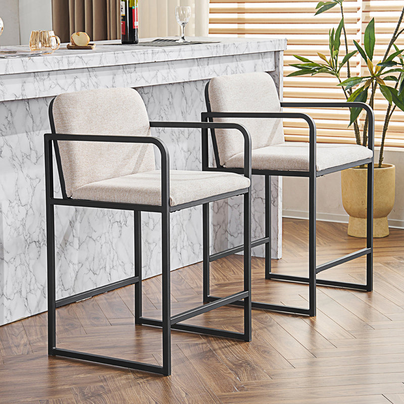Ensemble de 2 tabourets de bar rembourrés à hauteur de comptoir avec accoudoirs, Beige