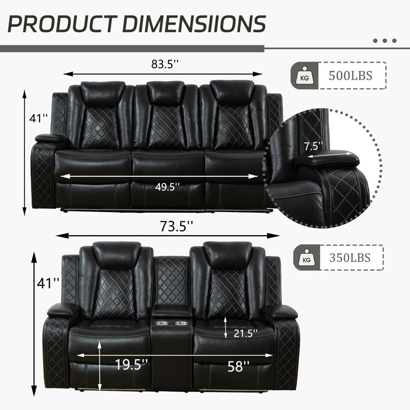 2 Pieces Power Reclining Breathing Faux Leather With Led Light Living Room Set (Set of 2), Black