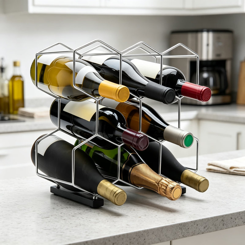 Support à vin de comptoir, support pour huit bouteilles en acier inoxydable et chêne gris anthracite à trois niveaux pour armoire et garde-manger