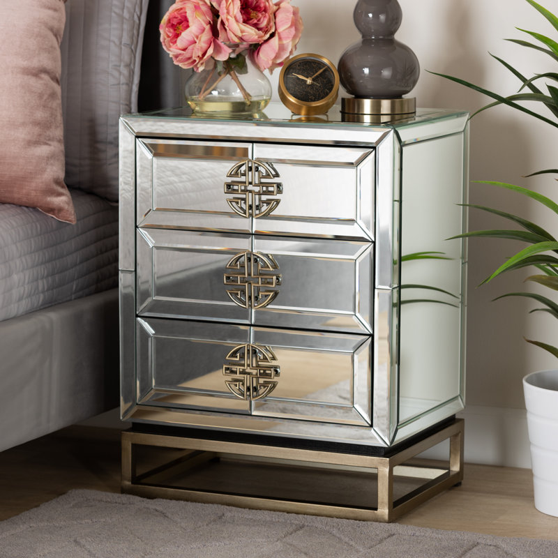 Kolay Laken Contemporary Glam and Luxe Mirrored and Antique  3-Drawer End Table