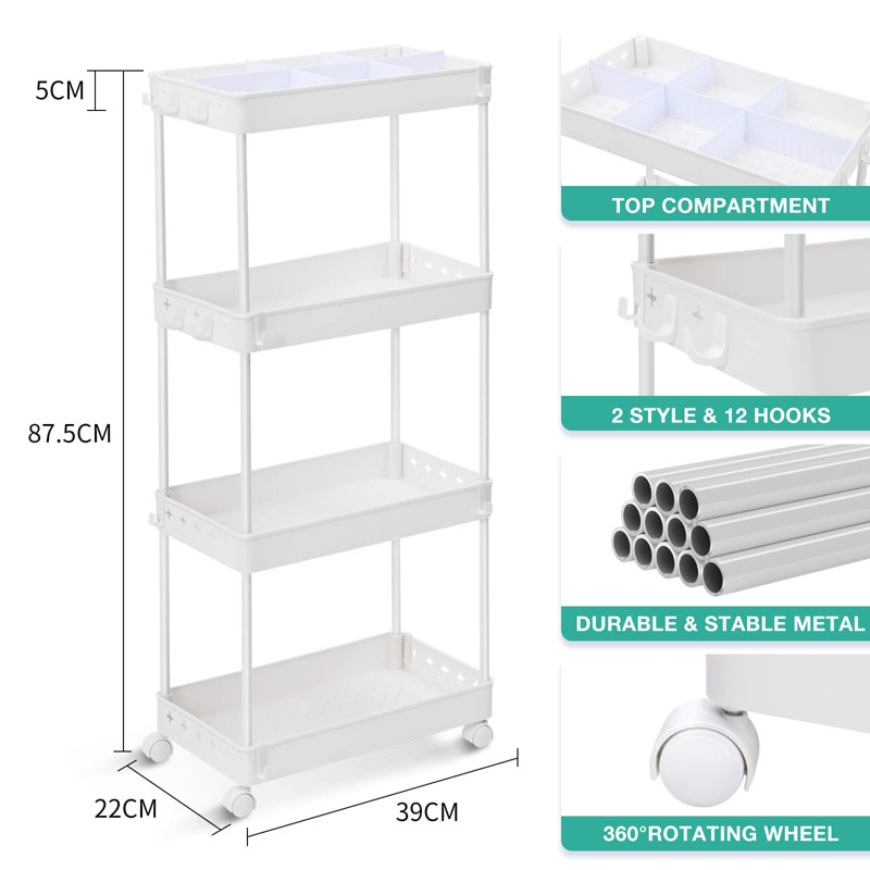 Puck 87.5cm H x 39cm W Utility Cart with Wheels, White
