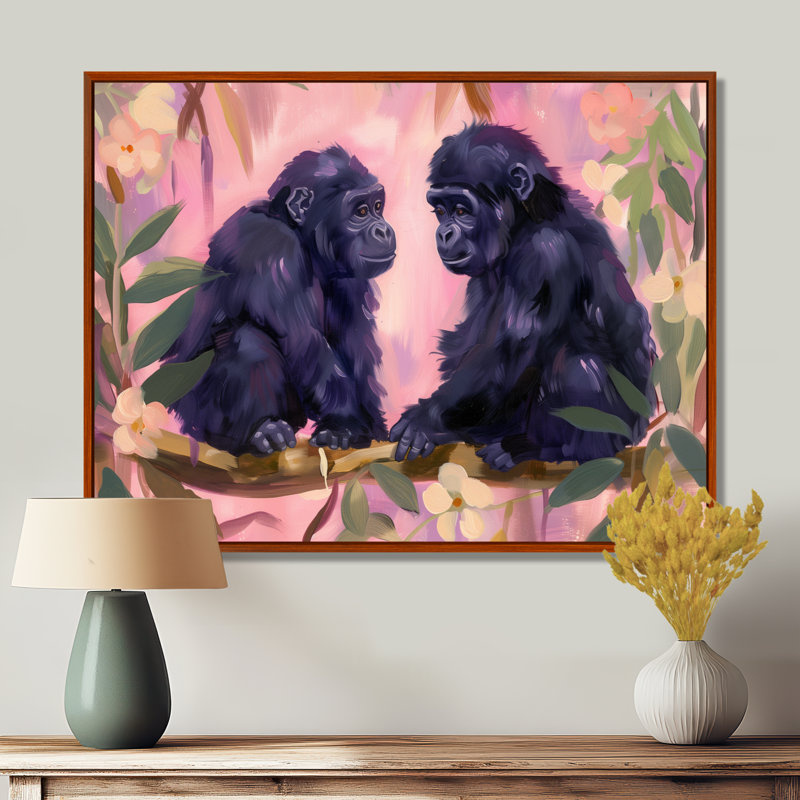 «Black Pink Gorillas Floral Jungle Love II», impression d'art mural Gorillawall, Cadre flottant brun, H 34 po x l 44 po
