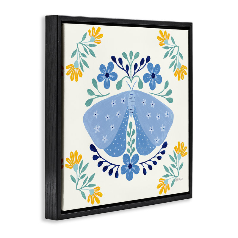  «Blue Folk Butterfly Floater», art mural sur toile par Yvette St. Amant, H 18 po x l 18 po, Cadre flottant noir de jais