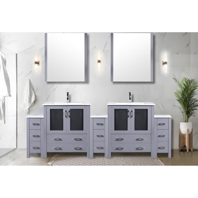 Meuble-lavabo double gris foncé de 96 po L, armoires latérales, comptoir en céramique blanche, 28 miroirs et robinet à un trou, teinture longue durée pour salle de bain avec surface résistante