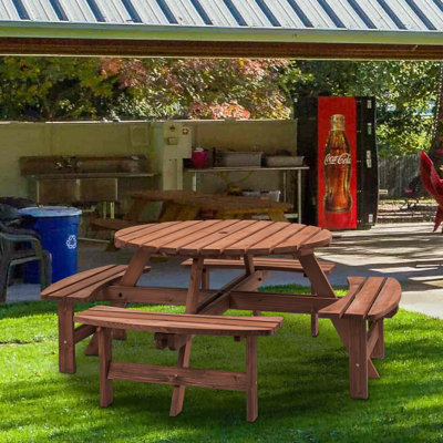 Circular Outdoor Wooden Picnic Table For Patio, Backyard, Garden, DIY W/ 3 Built-In Benches, 1720Lb Capacity