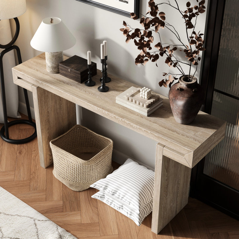 Console rustique en bois naturel de 60 pouces pour le côté et le vestibule - aspect vieilli, plateau allongé, profil étroit, hauteur standard, base en forme de H avec style de finition