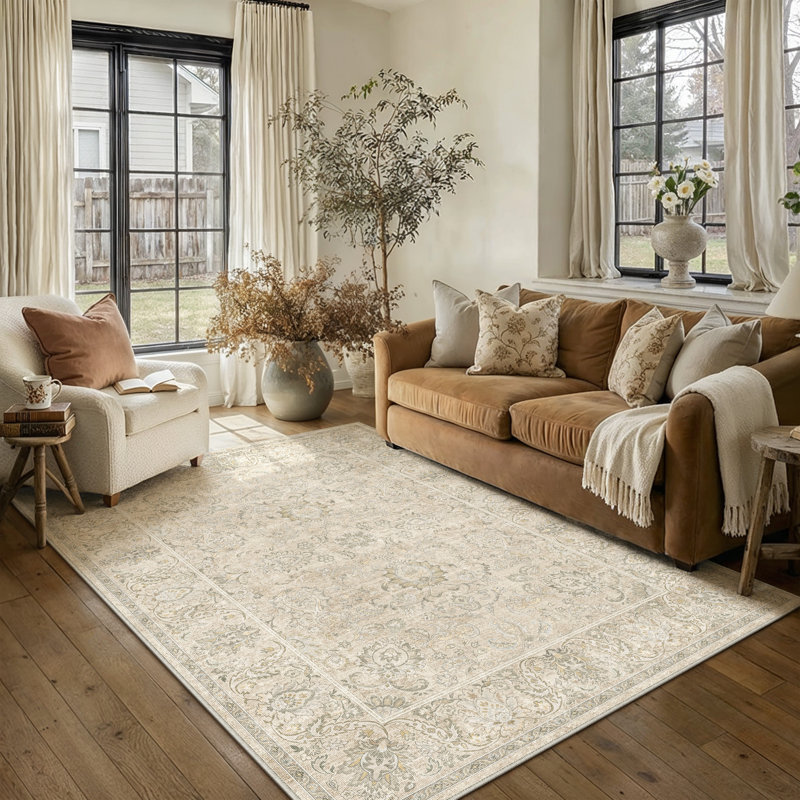 Elara Vintage Floral Machine Washable Area Rug With Non-Slip Backing, Rectangle 6' x 9', Beige