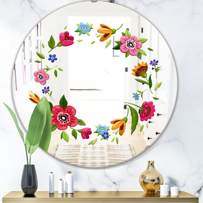 Caricature de couronne avec fleurs - Miroir de ferme - Miroir mural décoratif, H 23,6 po x l 23,6 po