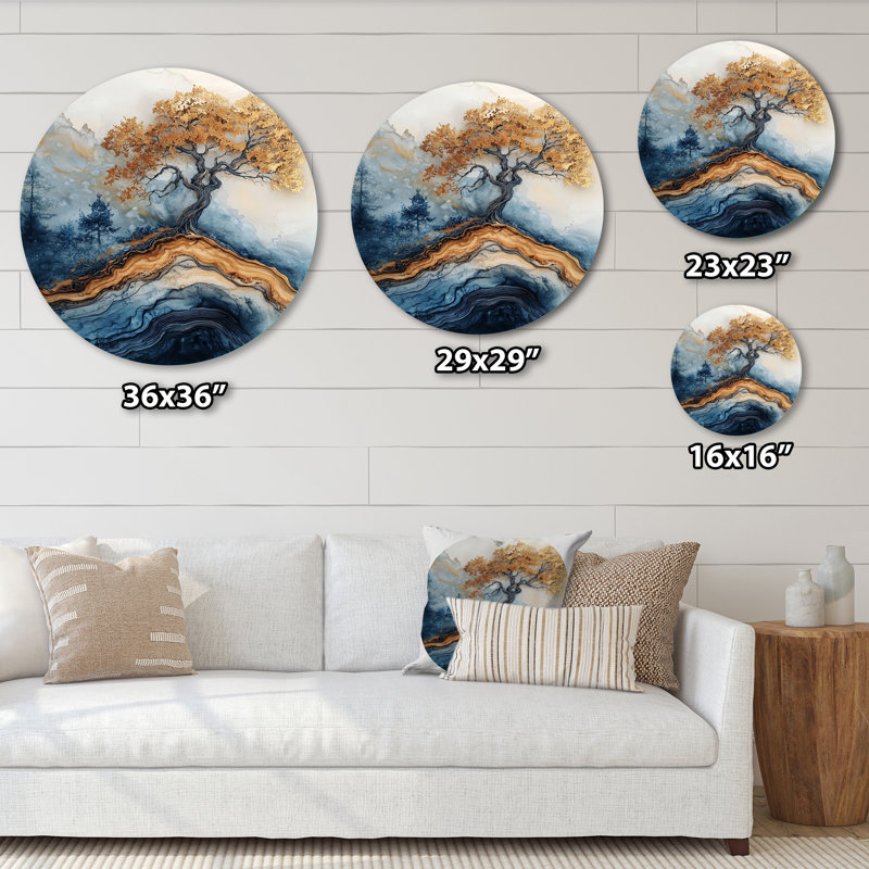 «Aqua Infinite Golden Tree of Life II», art mural rond en métal, H 29 po x l 29 po