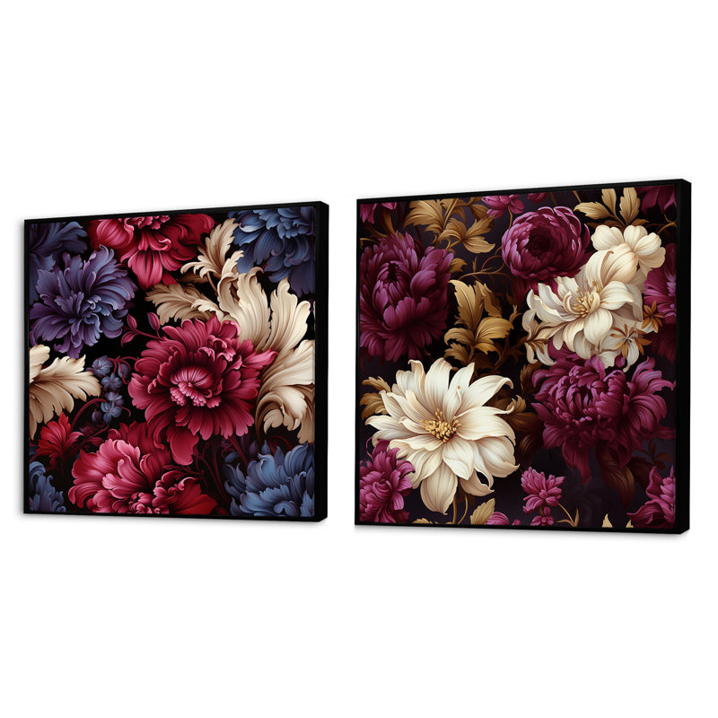 Laine - Ensemble de 2 collages floraux carrés, Cadre flottant noir, H 16 po x l 33 po