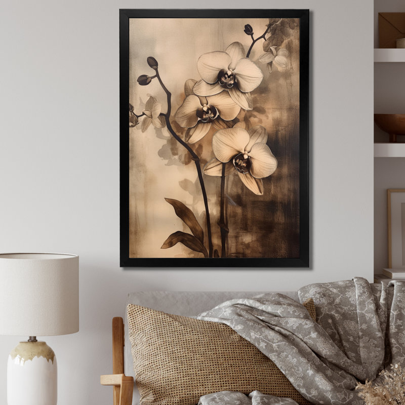 Orchidées exotiques brunes sur toile, Cadre simple noir, H 44 po x l 34 po x P 1,5 po