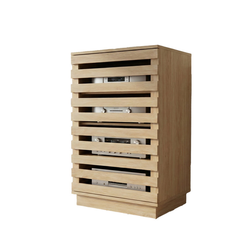 Modern Slatted Wood Audio Component Cabinet, 4-Tier Stereo Equipment Rack Media Stand With Ventilated Door & Cable Management, Oak