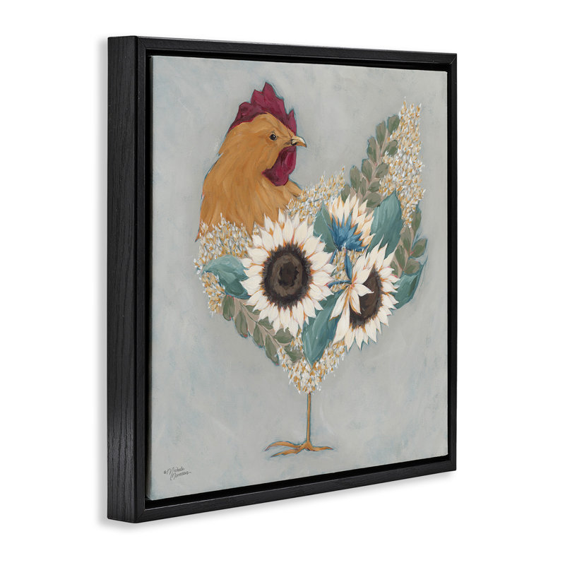 Coq avec des fleurs florales superposées, H 18 po x l 18 po, Noir