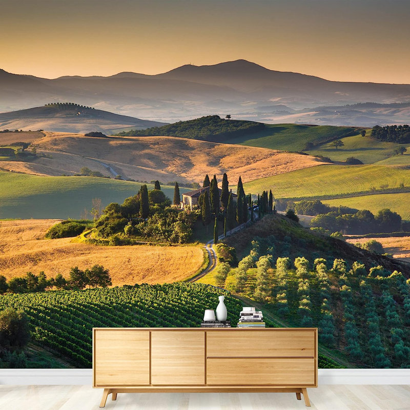 Paysage pittoresque de la Toscane avec des montagnes et des montagnes dans la matinée dorée Val D Orcia, Italie, peinture murale