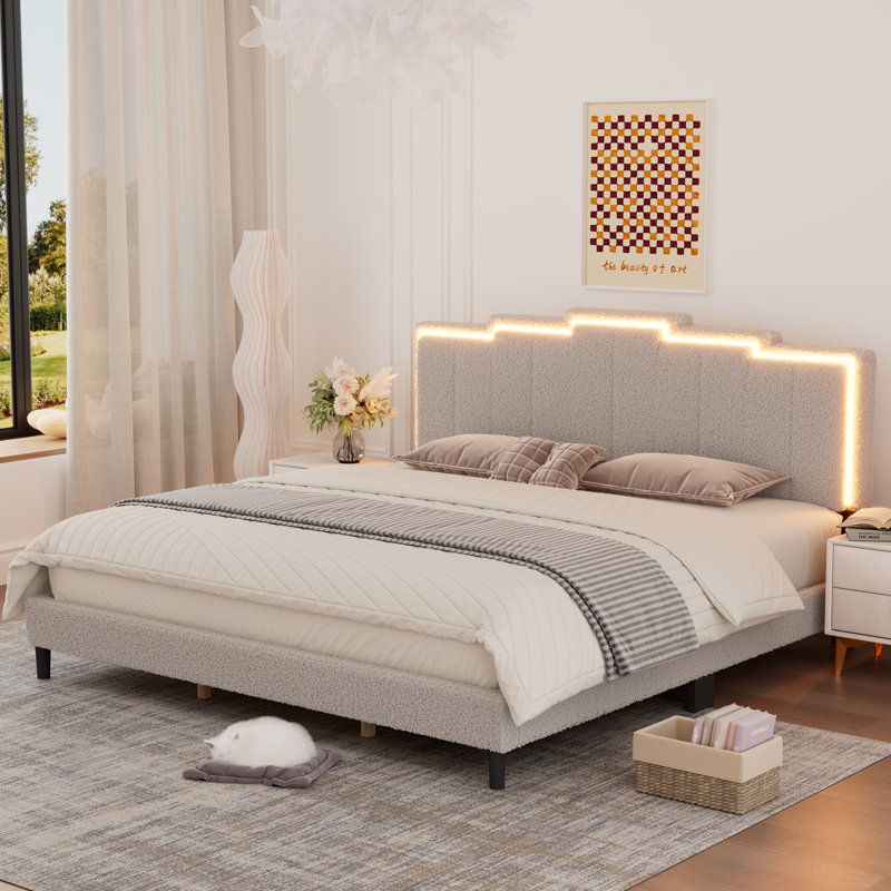 KING-Boucle Upholstered Solid Wood Bed Frame Soft Cloud Headboard Low Profile Bed Frame with RGB LED Lights（No Mattress Included）