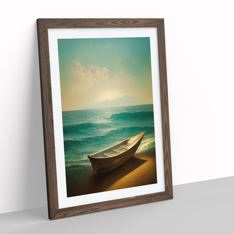 Boat on the Beach - Wall Art, 66cm H x 48cm W x 2cm D, Walnut Framed, White