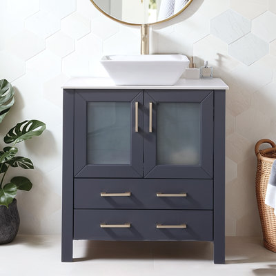 Meuble-lavabo autoportant moderne gris foncé de 30 po avec lavabo vasque en céramique et portes en verre à double nervures et 2 tiroirs de rangement