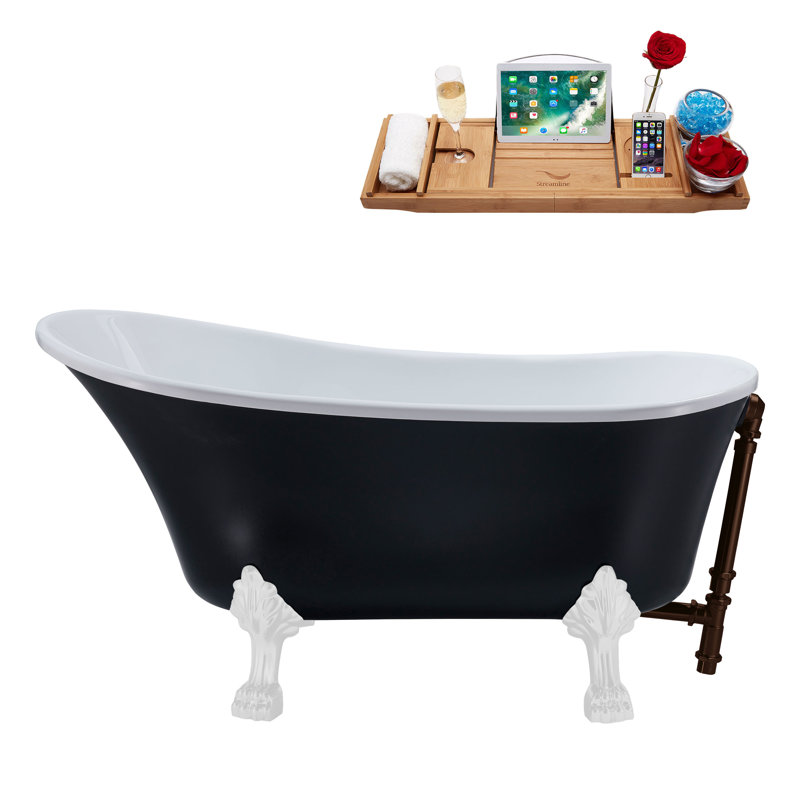 55" Streamline Clawfoot Soaking Acrylic Bathtub With Drain, Clawfeet, and Bamboo Tray, Matte Oil Rubbed Bronze, Glossy White