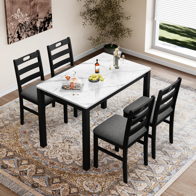 5-Piece Modern Farmhouse Dining Table Sets, Space-Saving Solid Wood Kitchen Dining Sets With Faux Marble Table & 4 Slat Back Linen Upholstered Chairs