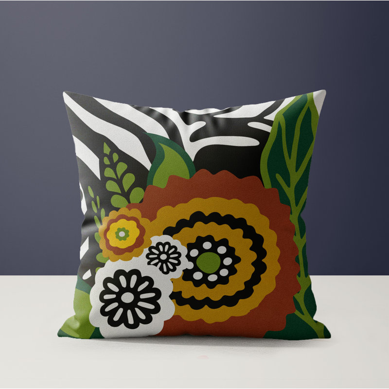 Coussin Alix, Carré 20 po, Black/White/Brown/Ochre/Green Floral