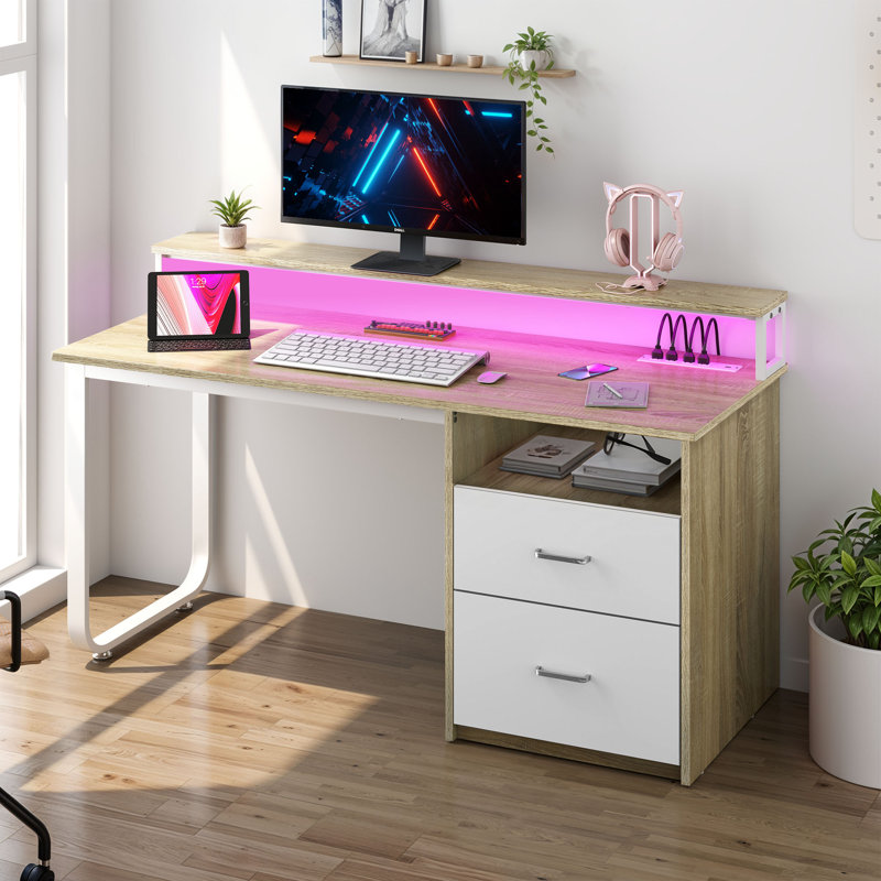 Brooksey 55'' Writing Desk with Charging Station & LED Light, White