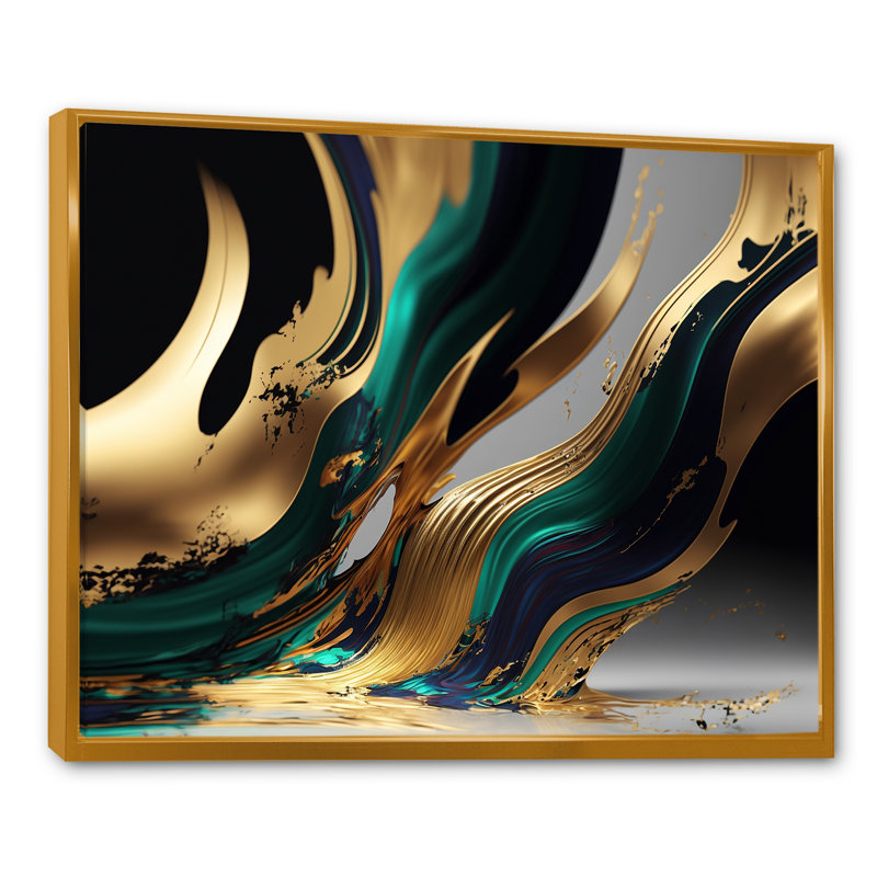 «Green and Gold Agate II», art abstrait sur toile transitionnel, H 12 po x l 20 po, Reproduction avec cadre flottant, Doré